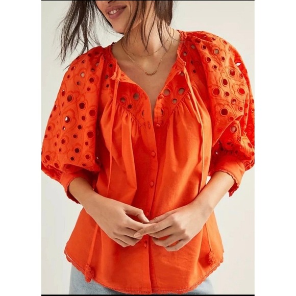 Anthropologie Tops - Anthropologie Orange Eyelet Puff Sleeve Blouse Tie Neck Button Front XSP
